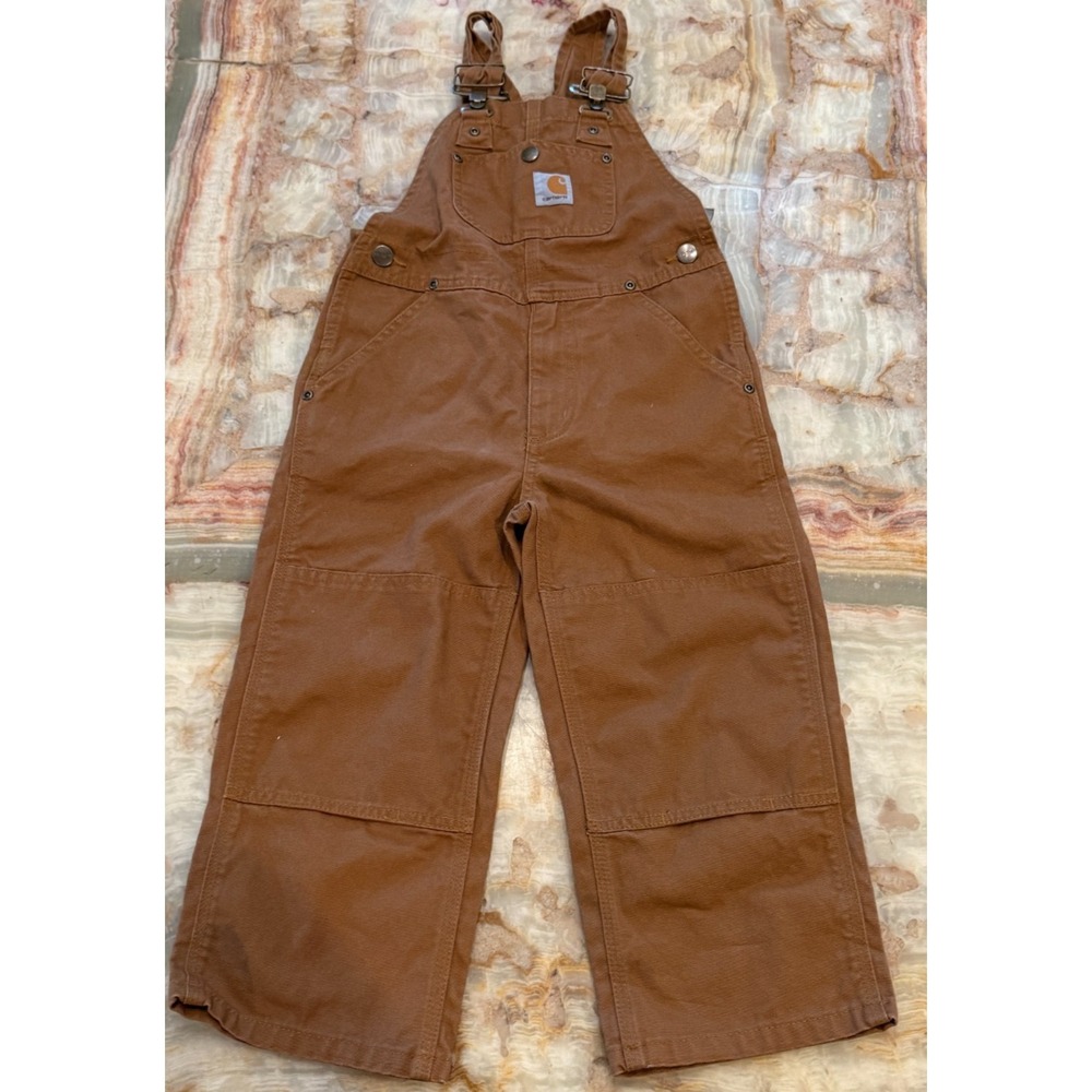 Carhartt Toddler Work Bib Overalls Brown Duck Canvas Double Knee Outdoor Size 4T